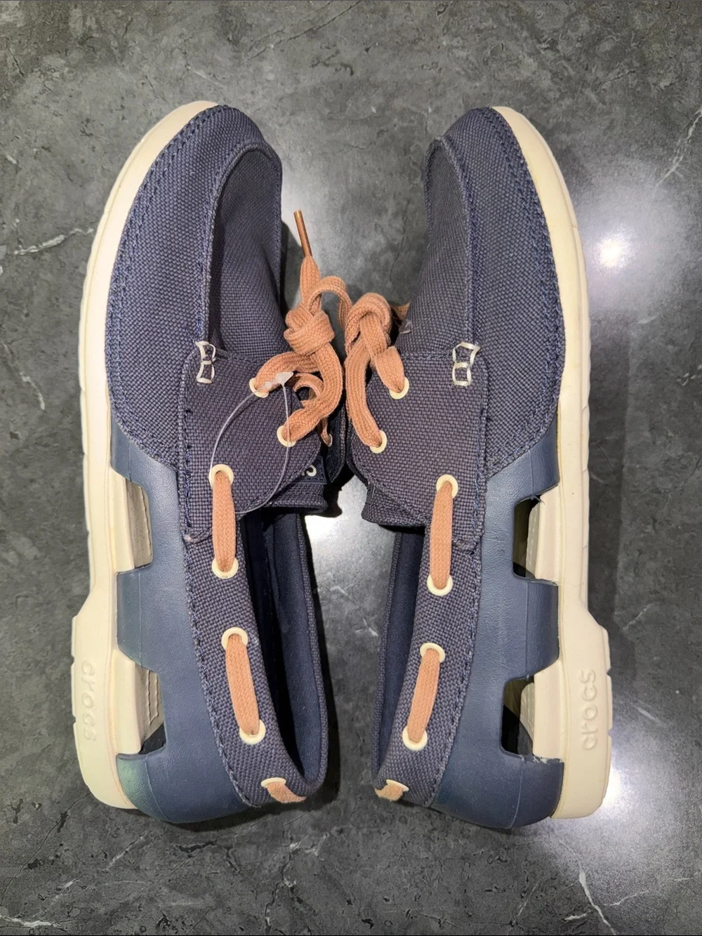CROCS Navy Canvas Boat Shoes with Tan Laces